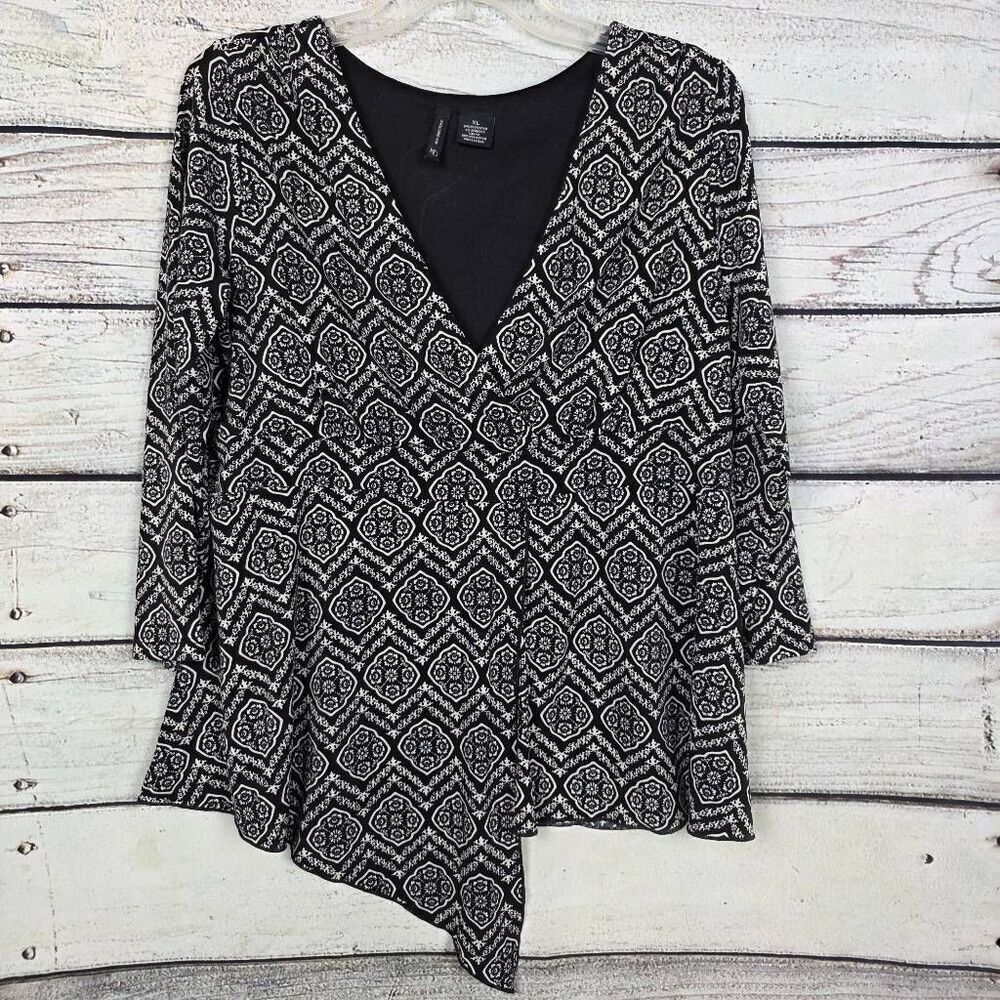 New Directions Black White Print Wrap Blouse XL
